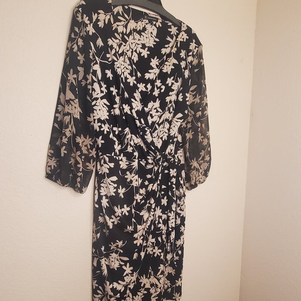 Black Faux Wrap V-Neck Pullover Stretch Black Floral Dress Sheer Sleeves Sz L